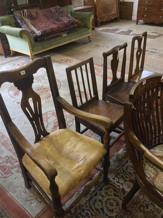 19C elm open arm elbow chair and three other woodseat chairs